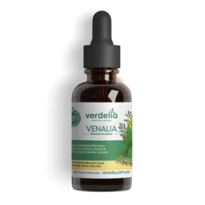 Botella de vidrio color ámbar con gotero de las gotas naturales Venalia de la marca Verdelia, diseñadas para el bienestar circulatorio, sobre fondo blanco puro.
