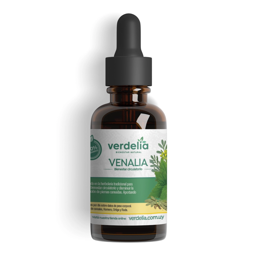 Botella de vidrio color ámbar con gotero de las gotas naturales Venalia de la marca Verdelia, diseñadas para el bienestar circulatorio, sobre fondo blanco puro.